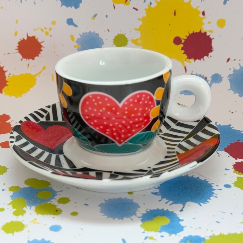 Pair (2) Espresso Cups & Saucers (2) Coordinated Colorful - Picture 2 of 10